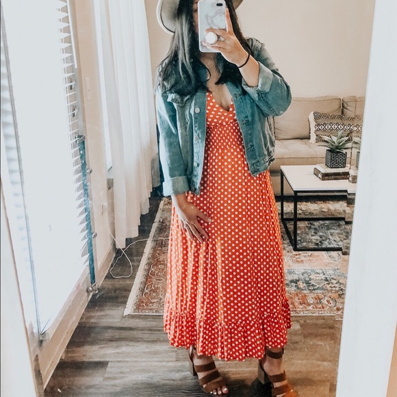 orange polka dot midi dress